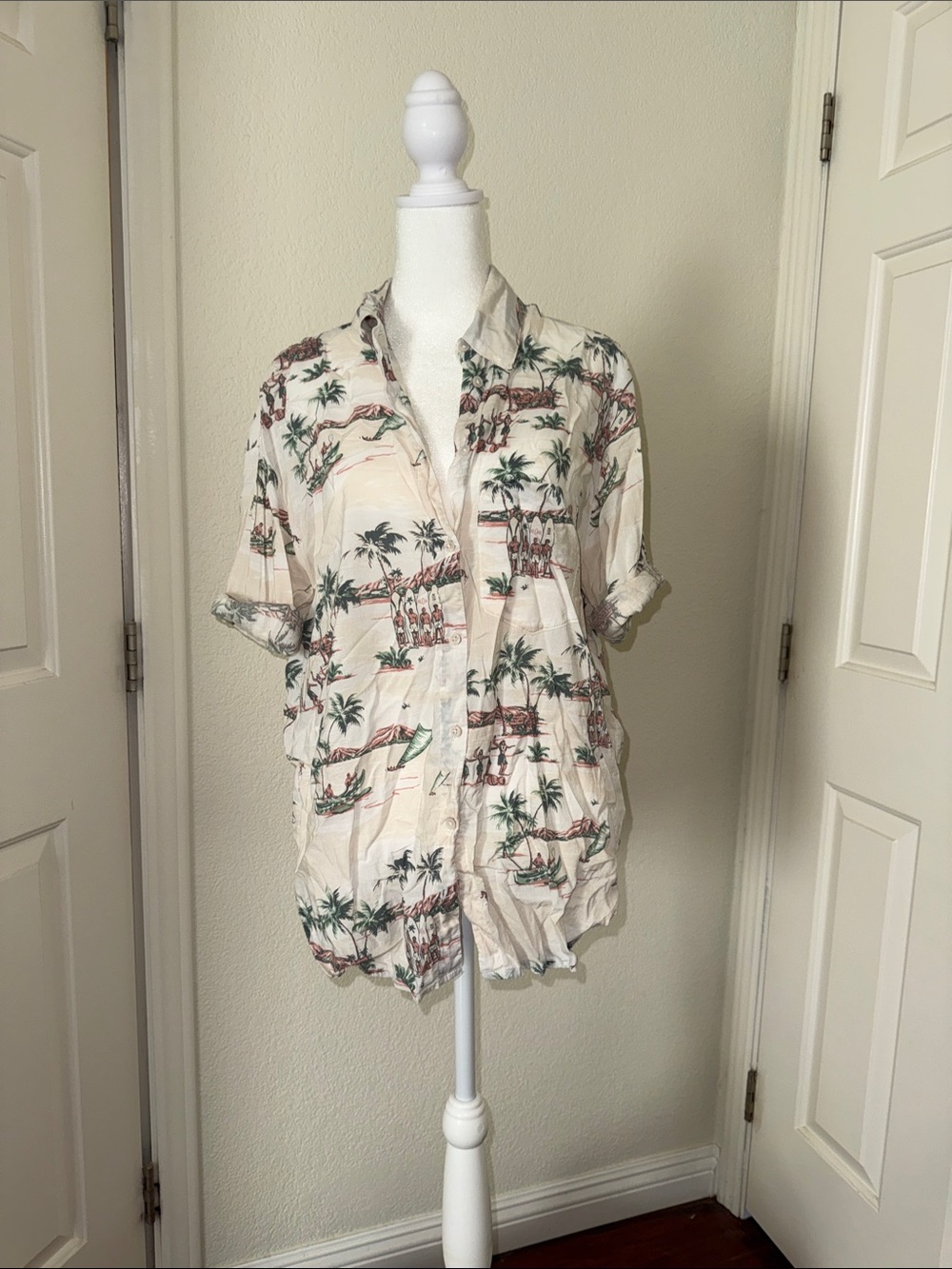 aerie Cream Tropical Print Button-Down Shirt